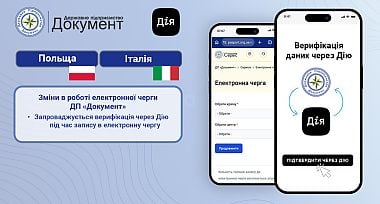 ДП «Документ» » в тестовому режимі запроваджує верифікацію через Дію для запису в чергу в Польщі та Італії.